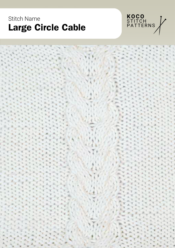 Detail of Large Circle Cable stitch, featuring large rounded cable motifs in a repeating handknit pattern.