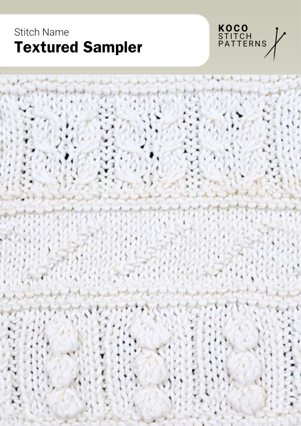Handknit swatch with alternating cable and rib textures, showcasing multiple stitch types in one panel.