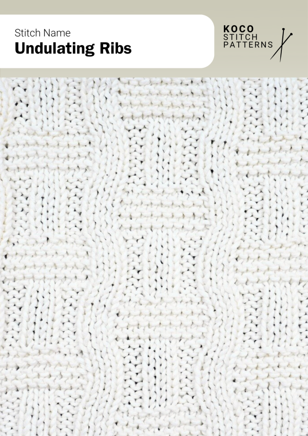 Handknit Undulating Ribs stitch with wave-like vertical lines blending cables and ribbing.