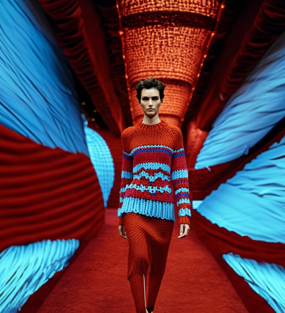 Model in vibrant knitted outfit.