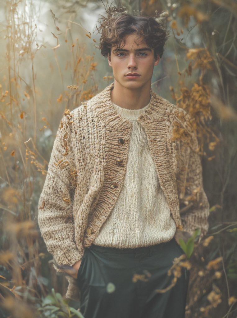 Person in cozy sweater outdoors.