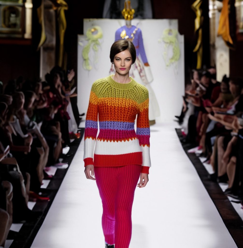 model on runway with coloured knitwear