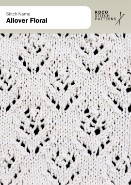 Delicate openwork cables arranged in an allover floral pattern, adding lightness and texture to any handknit design. Close-up of the Allover Floral cable stitch pattern in white yarn, showing intricate leaf-like motifs and airy lacework texture ideal for handknit sweaters, shawls, or lightweight knitwear featuring floral cable stitches.