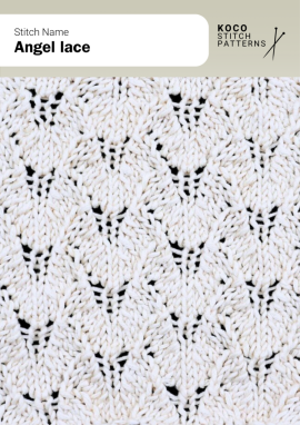 Soft lace motifs form angelic wing-like shapes, adding an airy, graceful texture perfect for light and elegant handknits Close-up of the Angel Lace stitch pattern in white yarn, featuring delicate wing-shaped motifs and open lacework ideal for handknit shawls, wraps, and lightweight knitwear with elegant lace stitches