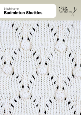Raised bobbles framed by lace lines form a rhythmic shuttle pattern, adding playful texture and balance to handknit designs Close-up of the Badminton Shuttles stitch pattern in white yarn, showing raised bobble motifs framed by diagonal lace details ideal for handknit throws, scarves, or garments featuring textured cable and lace stitches