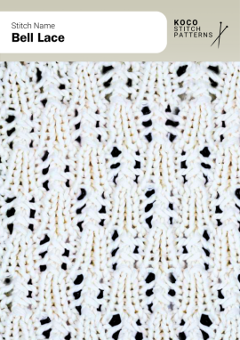 Bell-shaped lace motifs cascade through vertical panels, adding graceful movement and vintage charm to airy handknit designs Close-up of the Bell Lace stitch pattern in white yarn, featuring repeating bell-shaped lace motifs in vertical alignment — ideal for handknit shawls, blouses, and lightweight lace knitwear