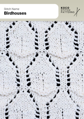 Structured lace motifs form repeating house-like shapes, adding architectural detail and charm to textured handknits Close-up of the Birdhouses stitch pattern in white yarn, showing repeating peaked lace motifs framed by openwork lines perfect for handknit cushions, panels, and garments featuring structured lace stitches