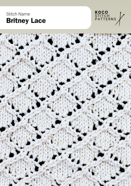 Diagonal lace diamonds form an elegant lattice pattern, adding modern geometry and airy texture to refined handknits Close-up of the Britney Lace stitch pattern in white yarn, showing diagonal open diamond motifs in a repeating lattice ideal for handknit scarves, tops, and lightweight lace knitwear