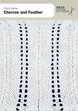Flowing chevron lines and delicate feathered eyelets create a timeless, airy pattern perfect for elegant draping knits Close-up of the Chevron and Feather handknit stitch pattern showing vertical chevron ridges bordered by lace eyelets in cream yarn, forming a light, flowing texture ideal for lace knitwear and cable stitch designs