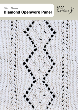 Open diamond motifs framed by textured cables create a striking panel with balance and symmetry Close-up of the Diamond Openwork Panel handknit stitch pattern showing lace diamond motifs framed by twisted cable borders in cream yarn, creating a balanced, open-textured design ideal for cable and lace knitwear projects