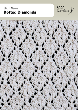 Open diamonds accented with delicate eyelets create a light, textured lace pattern with elegant detail Close-up of the Dotted Diamonds handknit stitch pattern showing open diamond motifs with lace eyelets in cream yarn, forming a delicate, textured lace design ideal for lightweight knitwear and lace projects