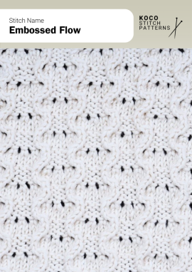 Soft, wave-like textures create a gentle embossed pattern that adds dimension and fluidity to knitted fabric Close-up of the Embossed Flow handknit stitch pattern showing repeating curved, wave-like textures in white yarn, creating a softly raised, embossed surface ideal for decorative knitwear and textured stitch projects