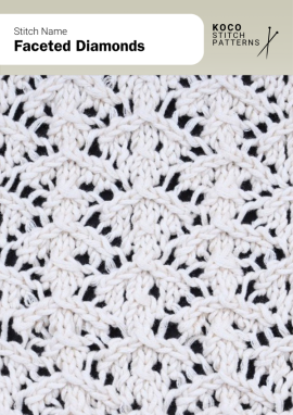 Layered diamond motifs create a richly textured surface with sculptural depth and visual movement Close-up of the Faceted Diamonds handknit stitch pattern showing raised, interlocking diamond motifs with openwork details in cream yarn, creating a richly textured, three-dimensional design ideal for decorative knitwear and cable stitch projects