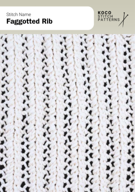Alternating lace and rib columns create a light, flexible texture with elegant vertical definition Close-up of the Faggotted Rib handknit stitch pattern showing alternating vertical lace eyelet columns and narrow ribbed lines in white yarn, creating a light, open texture ideal for lace knitwear and ribbed stitch designs