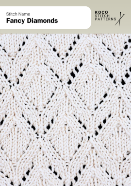 Layered diamond motifs outlined with lace create a refined, geometric texture with depth and elegance Close-up of the Fancy Diamonds handknit stitch pattern showing interlocking diamond motifs with lace eyelet outlines in cream yarn, creating a textured, geometric design ideal for lace knitwear and cable stitch projects