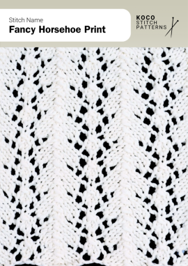 Graceful horseshoe lace motifs form flowing vertical lines that add texture and movement to airy knits Close-up of the Fancy Horseshoe Print handknit stitch pattern showing repeating horseshoe-shaped lace motifs in white yarn, creating flowing vertical lines ideal for lace knitwear and decorative stitch projects