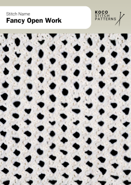 A bold lace pattern of diamond-shaped openings creates a light, airy fabric with modern texture Close-up of the Fancy Open Work handknit stitch pattern showing evenly spaced diamond-shaped lace eyelets in white yarn, creating an open, airy fabric ideal for lace knitwear and lightweight stitch designs