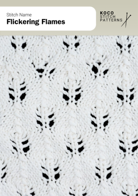 Wavy lace motifs rise like flickering flames, adding movement and lightness to knitted fabric Close-up of the Flickering Flames handknit stitch pattern showing vertical flame-shaped lace motifs in white yarn, creating a flowing, textured design ideal for lace knitwear and decorative stitch projects