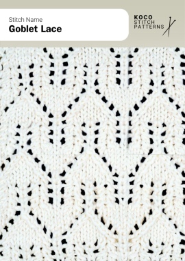 Goblet-shaped lace motifs create an elegant repeating pattern with vertical rhythm and light texture Close-up of the Goblet Lace handknit stitch pattern showing repeating goblet-shaped lace motifs with vertical eyelet lines in white yarn, creating an open, symmetrical design ideal for lace knitwear and decorative stitch projects
