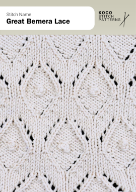 Diamond lace motifs with central bobbles create a textured, elegant pattern with dimensional detail Close-up of the Great Bernera Lace handknit stitch pattern showing open diamond lace motifs with central bobbles in cream yarn, creating a textured, decorative design ideal for lace knitwear and cable stitch projects