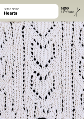 Graceful heart motifs framed by lace columns create a romantic, textured design for delicate knits Close-up of the Hearts handknit stitch pattern showing vertical rows of heart-shaped lace motifs bordered by eyelet columns in cream yarn, creating a romantic, textured design ideal for lace knitwear and decorative stitch projects