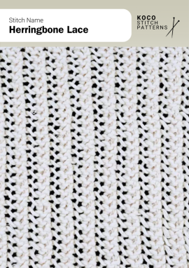 Diagonal lace lines form a herringbone pattern that adds texture and elegant movement to knitted fabric Close-up of the Herringbone Lace handknit stitch pattern showing diagonal lace lines creating a herringbone texture in white yarn, forming an open, structured design ideal for lace knitwear and chevron stitch projects
