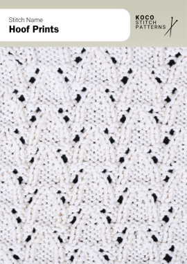 Delicate V-shaped lace motifs create a rhythmic pattern reminiscent of gentle hoof prints across the fabric Close-up of the Hoof Prints handknit stitch pattern showing repeating V-shaped lace motifs in white yarn, forming a soft, textured design ideal for lace knitwear and decorative stitch projects