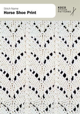 Arched lace motifs form a classic horseshoe pattern with graceful lines and flowing texture Close-up of the Horse Shoe Print handknit stitch pattern showing arched lace motifs forming repeating horseshoe shapes in cream yarn, creating a flowing, textured design ideal for lace knitwear and decorative stitch projects