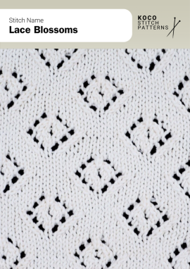 Diamond-shaped lace motifs bloom across the fabric, creating a light and elegant floral texture Close-up of the Lace Blossoms handknit stitch pattern showing repeating diamond-shaped lace motifs with petal-like openings in white yarn, creating a delicate, floral texture ideal for lace knitwear and lightweight stitch designs