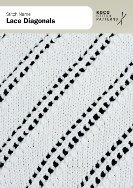 Clean diagonal lace lines sweep across the fabric, adding movement and modern elegance to knitted pieces Close-up of the Lace Diagonals handknit stitch pattern showing diagonal rows of lace eyelets across a smooth white fabric, creating a light, directional texture ideal for lace knitwear and modern stitch designs