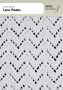Chevron lace peaks create a rhythmic, zigzag texture that adds movement and modern flair to knitted fabric Close-up of the Lace Peaks handknit stitch pattern showing repeating chevron-shaped lace lines in cream yarn, creating a zigzag, textured design ideal for lace knitwear and geometric stitch projects
