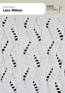 Wavy lace ribbons flow across the fabric, creating an elegant, undulating texture with airy movement Close-up of the Lace Ribbon handknit stitch pattern showing flowing wavy lace panels separated by ridged lines in cream yarn, creating a soft, undulating texture ideal for lace knitwear and decorative stitch projects