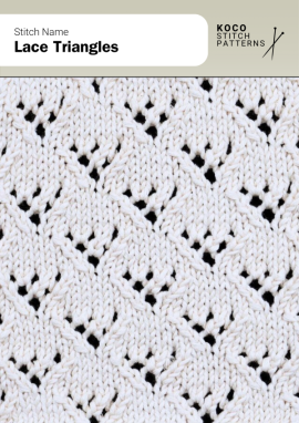 Interlocking lace triangles form a geometric pattern with balance, texture, and light openness Close-up of the Lace Triangles handknit stitch pattern showing interlocking lace triangle motifs in cream yarn, creating a geometric, textured design ideal for lace knitwear and decorative stitch projects