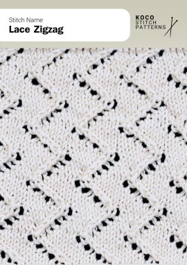 Diagonal lace lines create a lively zigzag texture that adds rhythm and visual interest to knitted fabric Close-up of the Lace Zigzag handknit stitch pattern showing diagonal lace rows forming a repeating zigzag design in cream yarn, creating a light, textured pattern ideal for lace knitwear and geometric stitch projects