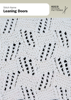 Tilted lace panels create a geometric pattern of “leaning doors,” adding movement and depth to the fabric Close-up of the Leaning Doors handknit stitch pattern showing diagonal rectangular lace motifs in white yarn, creating a geometric, textured design ideal for lace knitwear and modern stitch projects