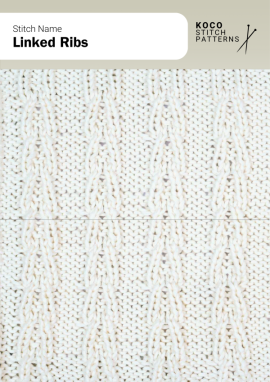 Subtle cable twists link vertical ribs together, creating a refined texture with soft definition Close-up of the Linked Ribs handknit stitch pattern showing vertical rib columns joined by subtle twisted links in cream yarn, creating a softly textured, structured design ideal for ribbed knitwear and cable stitch projects