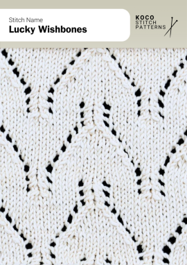 Wishbone-shaped lace motifs form a rhythmic pattern with flowing curves and delicate structure Close-up of the Lucky Wishbones handknit stitch pattern showing repeating wishbone-shaped lace motifs in white yarn, creating a flowing, open texture ideal for lace knitwear and decorative stitch projects