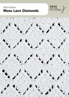 Alternating lace and moss stitch diamonds create a rich texture with depth and geometric balance Close-up of the Moss Lace Diamonds handknit stitch pattern showing alternating moss stitch and lace diamonds in white yarn, creating a textured, geometric design ideal for lace knitwear and decorative stitch projects