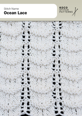 The Ocean Lace stitch forms soft, wave-like curves that flow across the fabric, creating a delicate and airy texture perfect for lightweight knits Close-up of the Ocean Lace stitch knit in white yarn, showing scalloped, wave-like lace panels with vertical openwork columns. Handknit lace pattern ideal for airy shawls, wraps, and lightweight knitwear