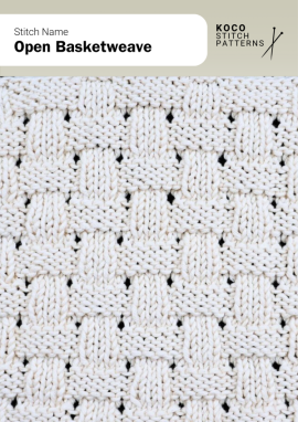 The Open Basketweave stitch combines structure and breathability with alternating knit and purl blocks framed by subtle openwork Close-up of the Open Basketweave stitch knit in natural yarn, showing alternating squares of knit and purl with small open spaces between them. Handknit textured pattern ideal for breathable sweaters, blankets, and knit accessories