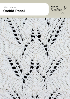 The Orchid Panel stitch showcases graceful petal-shaped motifs framed by lace details, adding elegance and flow to any knit design Close-up of the Orchid Panel stitch knit in white yarn, showing petal-like lace motifs framed by openwork lines. Handknit floral lace panel ideal for decorative sweaters, shawls, and textured knitwear projects