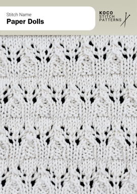 The Paper Dolls stitch features repeating lace motifs that resemble linked figures, creating a playful yet elegant openwork texture Close-up of the Paper Dolls stitch knit in white yarn, showing repeating lace motifs resembling linked figures with open eyelets. Handknit lace stitch ideal for shawls, sweaters, and lightweight decorative knitwear