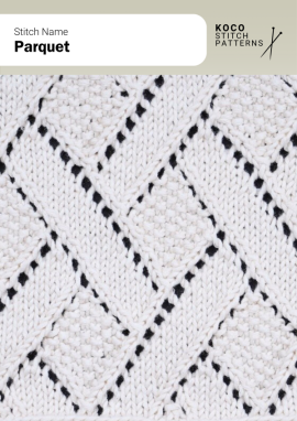 The Parquet stitch forms interlocking diagonal bands that create a woven, architectural texture reminiscent of classic parquet flooring Close-up of the Parquet stitch knit in cream yarn, showing interlocking diagonal bands with textured and smooth sections. Handknit geometric cable pattern ideal for blankets, sweaters, and architectural knitwear designs