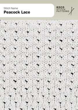 The Peacock Lace stitch features delicate fan-like motifs that create a light, airy texture with gentle rhythmic movement Close-up of the Peacock Lace stitch knit in white yarn, showing small fan-shaped lace motifs arranged in vertical repeats. Handknit lace stitch ideal for airy shawls, scarves, and lightweight knitwear projects