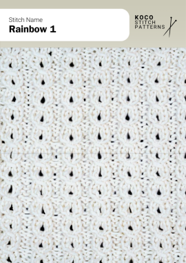 The Rainbow 1 stitch features softly arched lace rows that create a subtle wave-like texture with airy openness Close-up of the Rainbow 1 stitch knit in white yarn, showing repeating arched lace rows forming a delicate, airy texture. Handknit lace stitch ideal for lightweight shawls, scarves, and openwork knitwear projects
