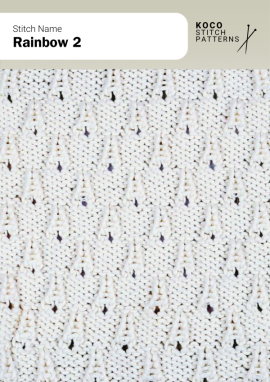 The Rainbow 2 stitch showcases delicate arched lace motifs arranged in staggered rows, creating a flowing, wave-like texture Close-up of the Rainbow 2 stitch knit in white yarn, showing repeating arched lace motifs arranged in offset rows. Handknit lace stitch ideal for shawls, scarves, and light openwork knitwear projects