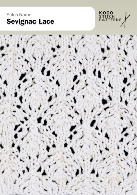 The Sevignac Lace stitch features elegant leaf-like motifs that flow together in a continuous, organic lace pattern Close-up of the Sevignac Lace stitch knit in white yarn, showing repeating leaf-shaped lace motifs with open eyelets. Handknit lace stitch ideal for shawls, scarves, and lightweight decorative knitwear projects