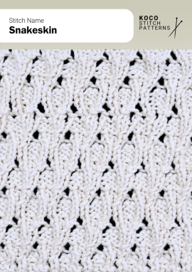 The Snakeskin stitch features interlocking lace columns that twist and flow, creating a dynamic, scale-like texture Close-up of the Snakeskin stitch knit in white yarn, showing interwoven lace columns forming a twisting, scale-like pattern. Handknit lace and cable stitch ideal for textured sweaters, shawls, and decorative knitwear projects