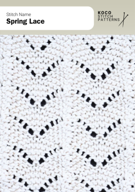 The Spring Lace stitch forms soft chevron-shaped ridges with open eyelets, creating a light and rhythmic texture Close-up of the Spring Lace stitch knit in white yarn, showing repeating chevron lace rows with open eyelets. Handknit lace stitch ideal for shawls, wraps, and lightweight textured knitwear projects