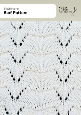 The Surf Pattern stitch features smooth, wave-like curves created by alternating lace and stockinette sections for a gentle flowing effect Close-up of the Surf Pattern stitch knit in white yarn, showing horizontal wave-like lace motifs with gentle curves and open eyelets. Handknit lace stitch ideal for shawls, wraps, and ocean-inspired knitwear projects